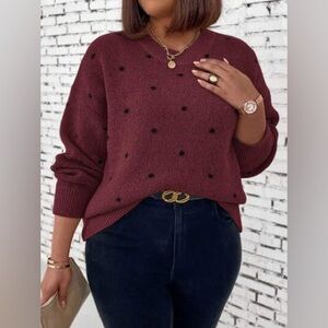SHEIN Burgundy Sweater with Black Polka Dots, Size 1XL, Long Sleeve Crewneck